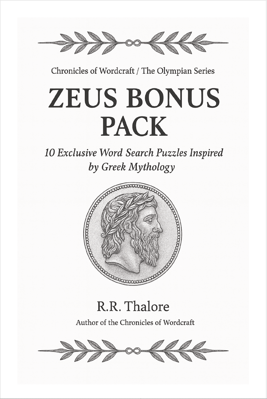 Cover of the Zeus Bonus Pack — 10 Exclusive Word Search Puzzles Inspired by Greek Mythology